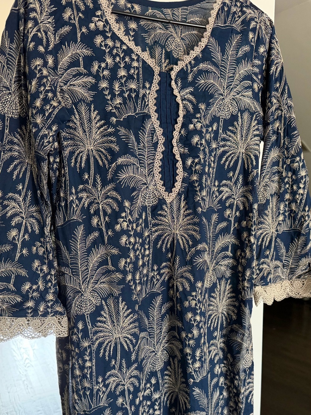 Navy Palm Print 3 piece Suit with Lace Trim